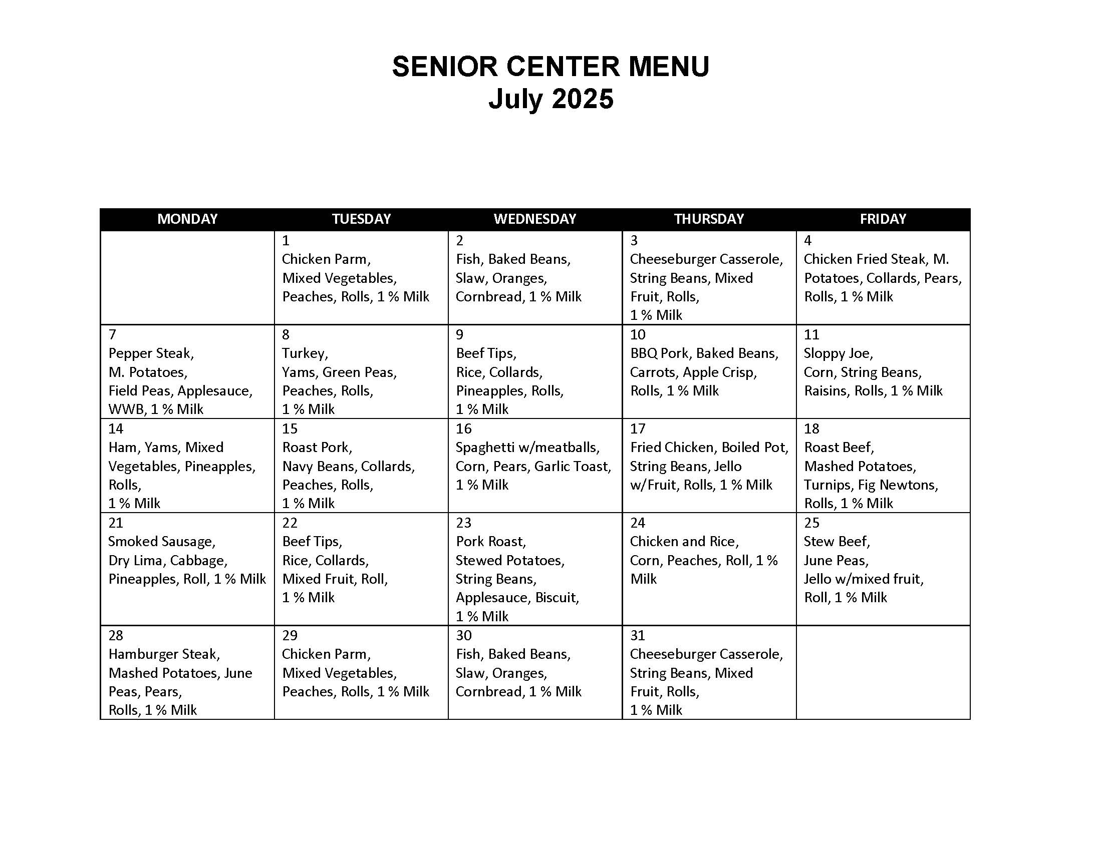 July 2025 Meals Menu